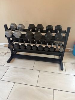 Heavy duty rack with rubber hex dumbbells weights 10-55lbs weights 490lbs total