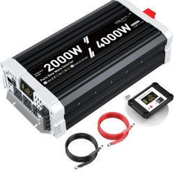 2000 watt Pure sine Wave Inverter, 12V DC to 110V AC Power Inverter, with 3 AC Output sockets, USB Port, Type-C Port, Remote Control with LCD Screen, 