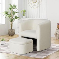 Upholstered Sherpa Barrel Accent Chair with Storage Ottoman,