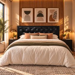King Size Bed Black Tufted Upholstered Headboard with Black Frame