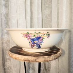 Vintage Ceramic Wash Basin Bowl – Blue Bird & Floral Design – 17" x 5"