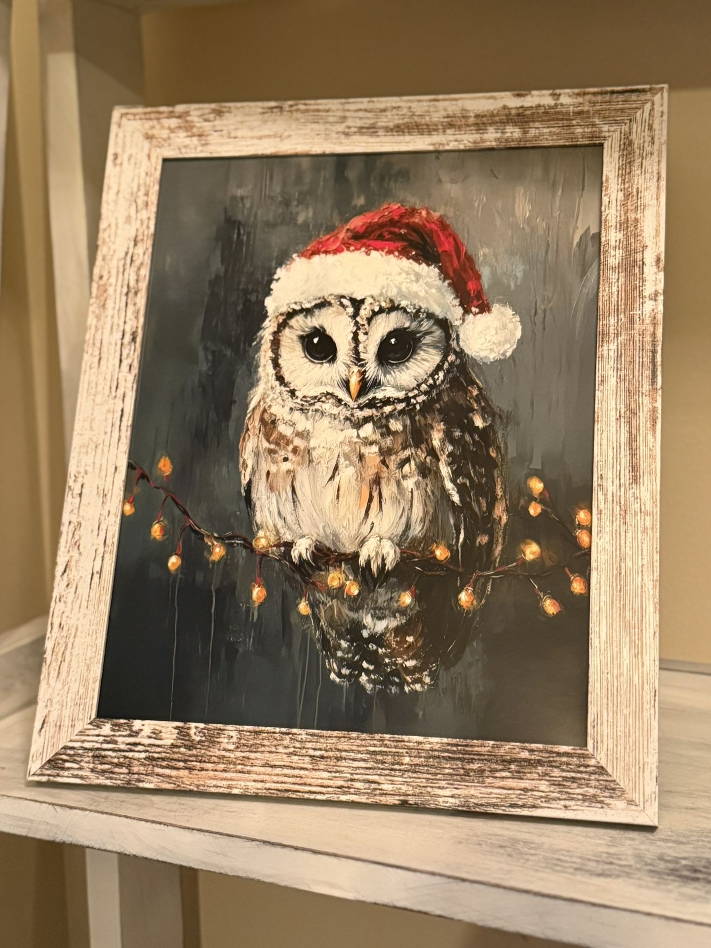 Vintage Owl with Santa Hat & Festive Christmas Lights Farmhouse Print Picture in Rustic Frame - Holiday Decor