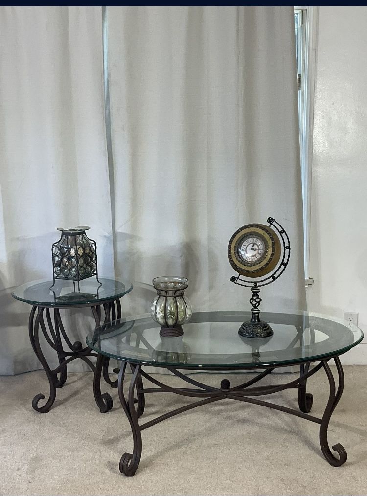 Wrought Iron & Glass Coffee Table & End Table