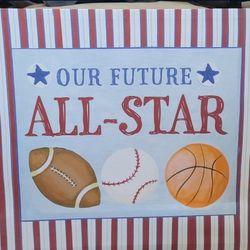 Sports Sign Measures approximately 16” H x 20” W x 2” D. Baseball basketball football