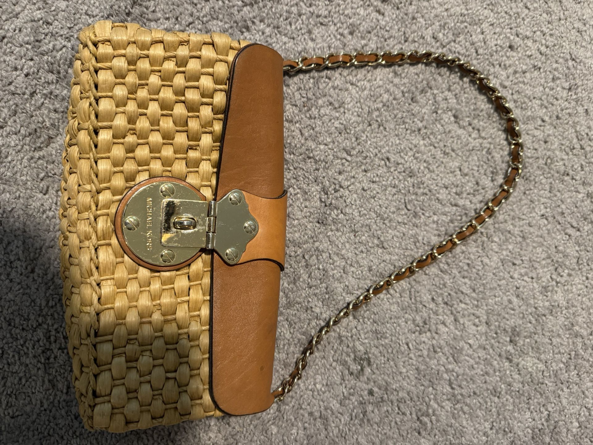 Michael Kors Tan and Brown Woven straw Bag with leather and gold chain