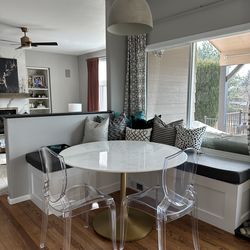 Crate & Barrel Nero table and two ghost chairs