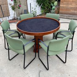 Vintage Art Deco Wood Game or Poker Table w 6 Steelcase Armchairs 