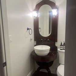 Vintage-Style Bathroom Vanity Set – Sink, Wooden Stand & Wall Lights Included