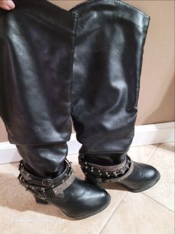 Black Knee-High Boots with Studded Straps