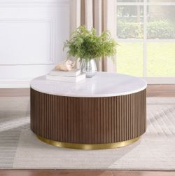 Jason Honey Brown Round White Marble Top Coffee Table