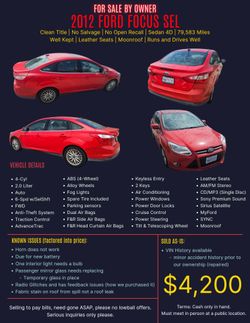 RED 2012 FORD FOCUS SEL SEDAN