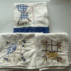 Vintage Bundle of Three (3)  Hand stitched Embroidered Kitchen Tea Towels