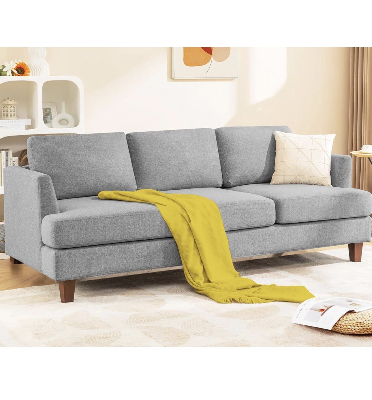 3 Seater Sofa Couch Mid Century Modern (Grey) 89", Upholstered Sofa, with Deep Seats, with Armrests, Comfy Couches, for Living Room, Bedroom, Apartmen
