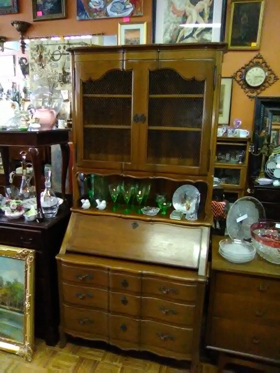 Vintage antique drop front secretary hutch desk cabinet