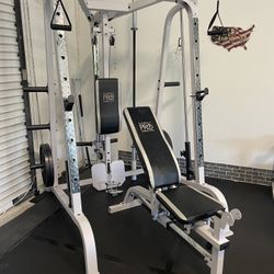 Home Gym, Rack With Cables, Barbell, Plates, Bench 