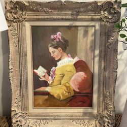 Vintage France Oil Painting Framed Mid Century Wall Art Women Reading Retro Romantic Cottage Granny Chic 