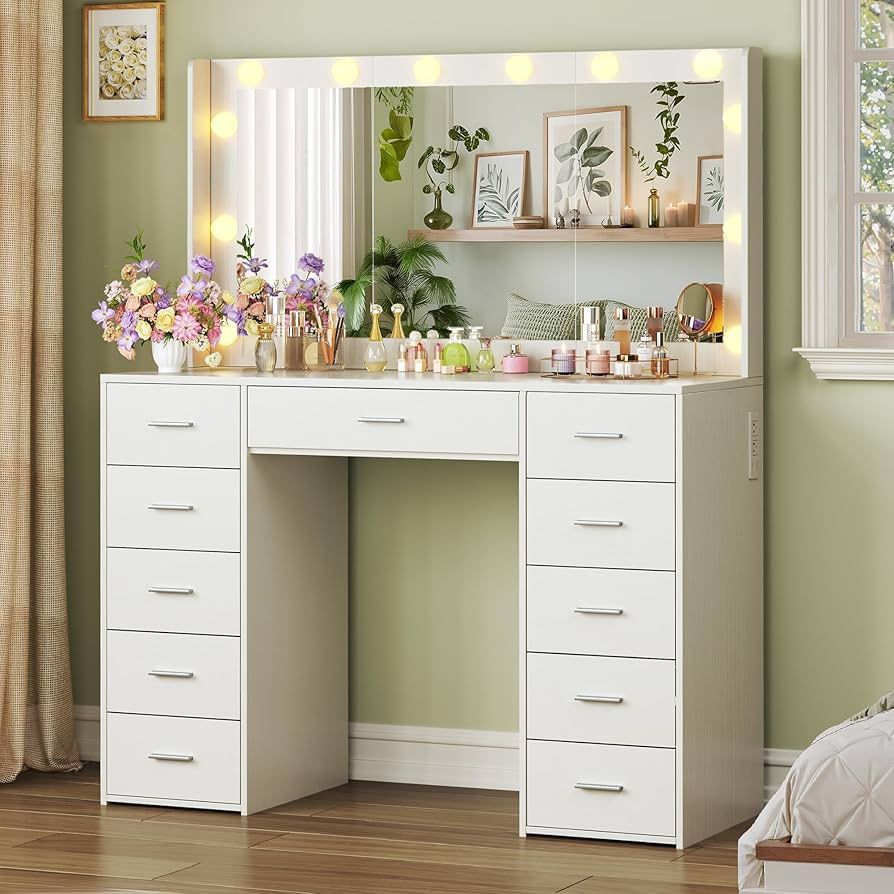 New 43.3" Vanity Desk with Mirror, LED Lights and Power Outlet Makeup Vanity Table with 11 Drawers Dressing Table for Bedroom Dressing Room (White) N