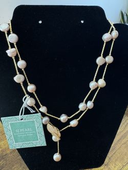SJ Pearl Handcrafted Jewelry Pink Pearl Genuine Stone w/ CZ Closure 36" Long