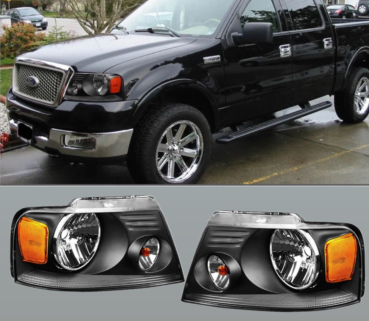 New Headlights for Ford F150 Black Housing with Clear lens Fits 2004 to 2008