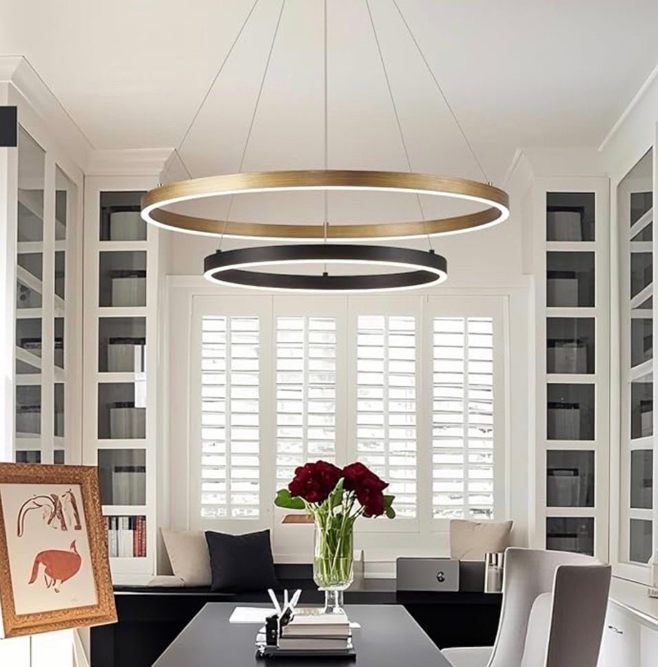 2 Ring LED Chandelier Black Gold Chandelier for Dining Room 24in Dimmable Circular Chandeliers Light Round Chandeliers for Bedroom Kitchen Entryway Li