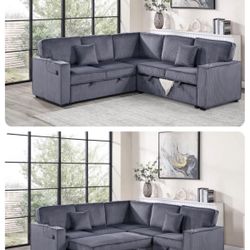 $550.  Sectional Pull Out Bed With Storage USB Cup Holder Available,I Ivory,Dark Gray,Corduroy