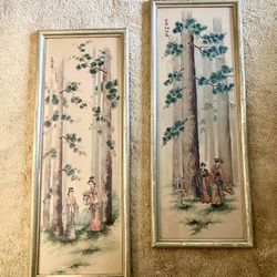 2 Piece Vintage Mid Century Set With Asian Inspired Pastoral Design