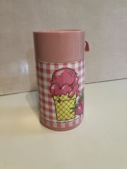 Vintage Aladdin Thermo Bottle Strawberry Ice Cream on Pink Gingham USA 8oz EUC.