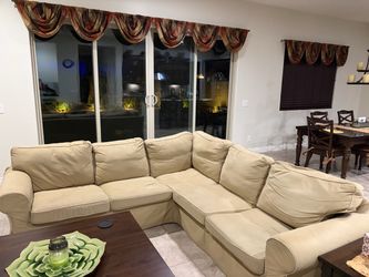 Beige Sectional Sofa with Slipcover
