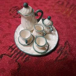Minature Ceramic Tea Set 10 Piece White And Green With Dots,1" And 1/12" Scale Perfect Cond 1990s$7