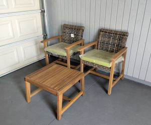 Outdoor patio wood garden chairs and coffee table