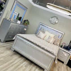 Silver LED Upholstered Panel Bedroom Set. Queen Or King 