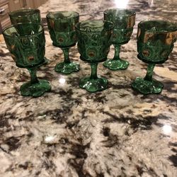 6 Green Antique U.S. Glass EAPG Bull's Eye and Daisy Water Goblet 4.25"