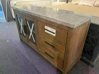 BOWERY HILL Transitional Driftwood Gray Finish Marble Top Server，$580