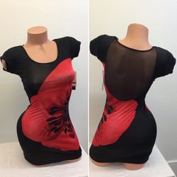  Black red poppy open back mini dress, new with tags, XS, very stretchy 