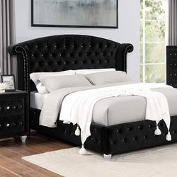 GLAM BLACK VELVET WINGBACK TUFTED NAILHEAD ACCENTS-FRAME-CAMA