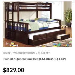 Twin XL / Queen Bunk Bed With Trundle 
