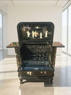 Rare Vintage Asian Black Lacquer 7-Piece Furniture Collection – Bar, 2 Screens, Pedestals & More