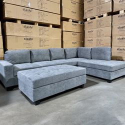 🏷WAREHOUSE CLEARANCE | NEW 3-piece Fabric Chaise Sectional Sofa with Storage Ottoman, Dark Gray 💥