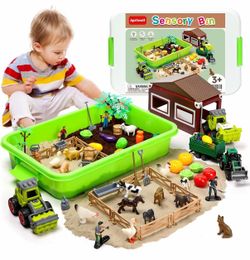 Aprilwolf 69 PCS Farm Sensory Bin Toys Playset, Sandboxes with Sand, Farmer Tractor & Farm Animals Figures Toys for Kids 3 4 5, Gifts for 6 7 Years Ol