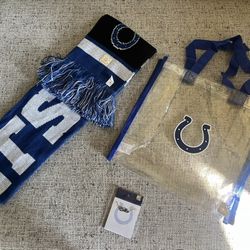NWT Indianapolis COLTS Scarf, NFL, Blue/ White. Clear COLTS bag And Necklace Brand New