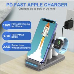 4 in 1 Foldable Charger Stand for iPhone Series 14 Pro/13/12/11/X, Apple Watch, Dual Charging Connector for AirPods and Type C Earbuds