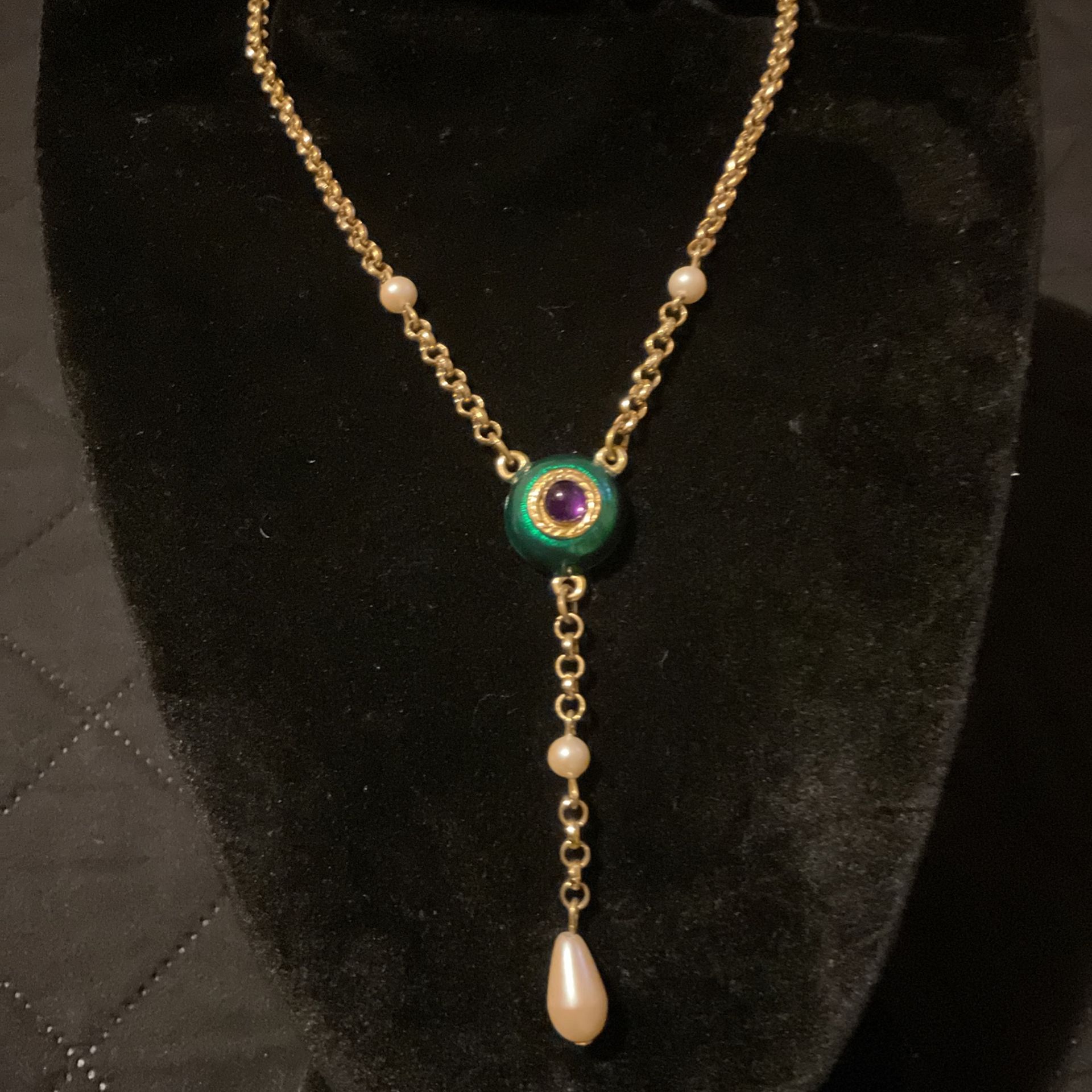 18” Goldtone Necklace With Attached Dangling Pearl Pendant….2 Other Necklaces In The Description Section