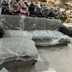New Sectional Sofa with Ottoman, L Shaped Convertible Couch with Removable Chaise Chenille Fabric Sofa Set for 4-6 Persons Living Room Furniture Dark 