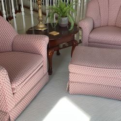 Two Swivel Rocker Chairs & Ottoman 