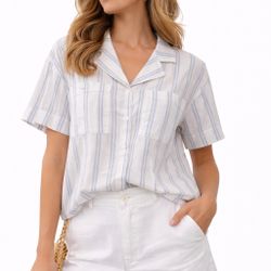 Buffalo David Bitton Linen Blend Striped Resort Shirt L Designer Top Women New