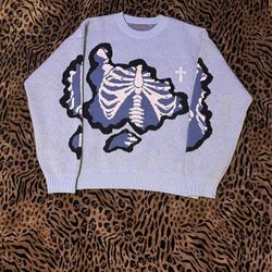 Skeleton Ribcage Knit Sweater – Light Blue Graphic Pullover