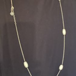 Kendra Scott Silver Long Station Necklace Mother of Pearl White Stones 38"