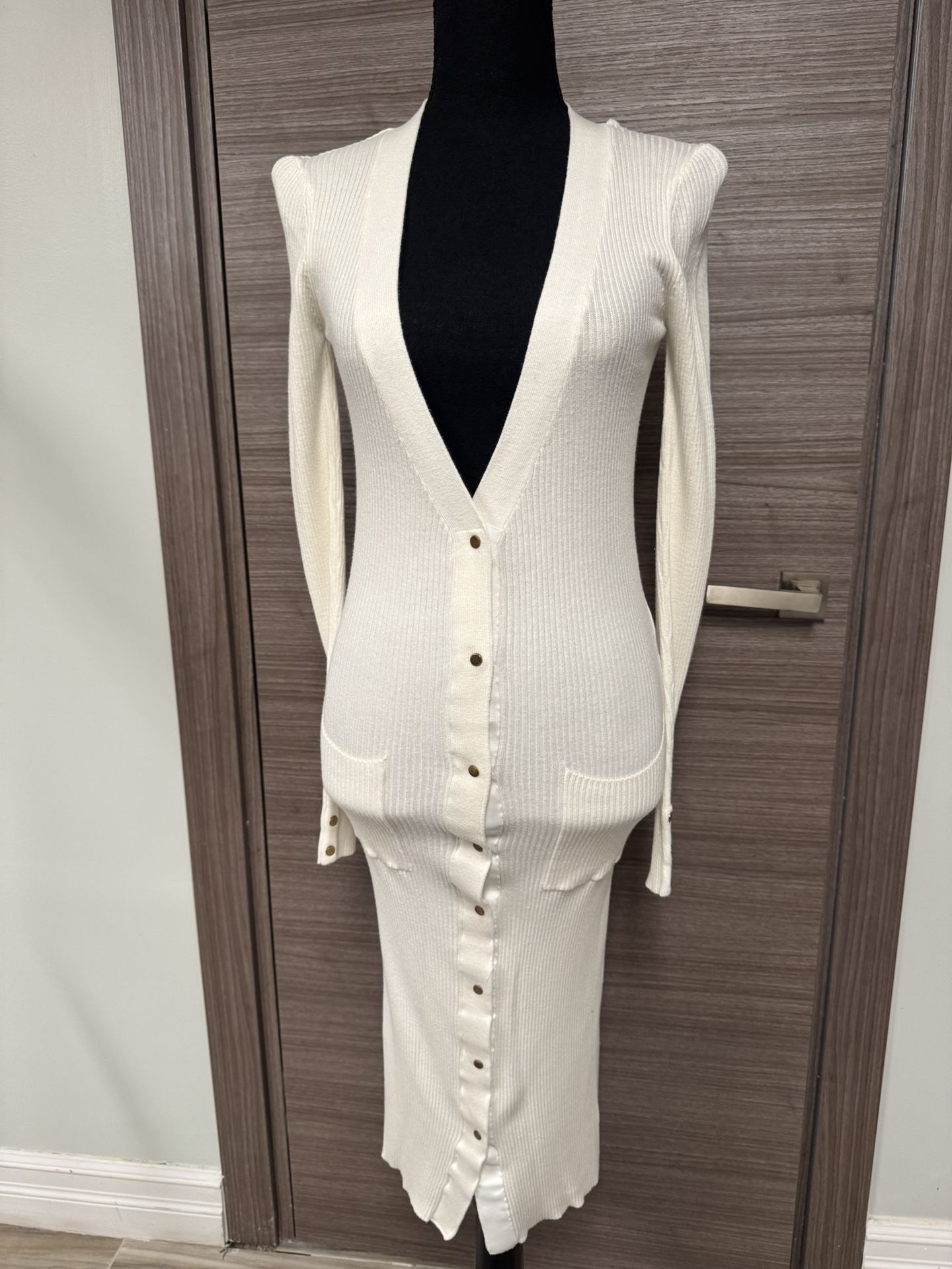 Forever 21 Long Ribbed Button-Front Cardigan Dress Women's Size M Cream Knit