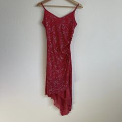 TABOO Vintage 90s Y2K Red Pink Floral Glitter Ruched Asymmetrical Mini Dress