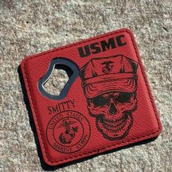 COASTER WITH A BUILT IN BOTTLE OPENER ENGRAVED